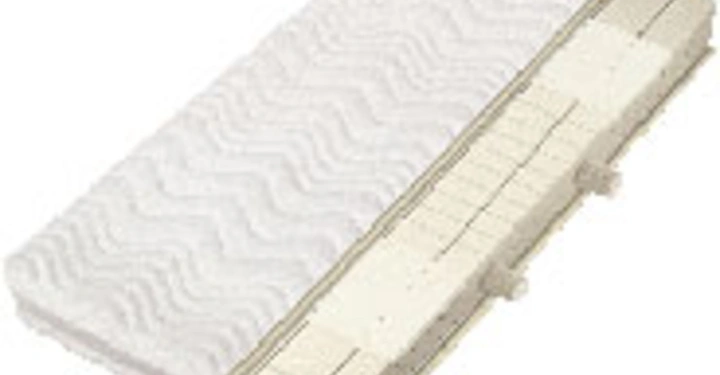 Weiße Matratze aufgeschnitten zeigt inneren Aufbau mit unterschiedlichen Schichten aus Schaumstoff handelt sich um eine Demonstration des Innenlebens der Matratze hervorgehoben durch gezacktes Schnittmuster.