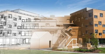 Gebäude zeigt den Übergang von Entwurfszeichnung zu fertigem Bau in einem Wohnkomplex mit klaren Linien und Holzverkleidung im Freien unter blauem Himmel