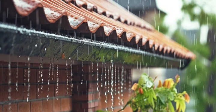 Funktionierende Dachentwässerung: Regenwasser läuft bei Starkregen vom Ziegeldach in die Regenrinne.