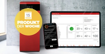 Ein rotes Heizgerät steht links in einem modernen Raum neben einem Smartphone und einem Tablet, die Steuerungsinformationen anzeigen. Text auf Gelbem Kreis: "PRODUKT DER WOCHE".