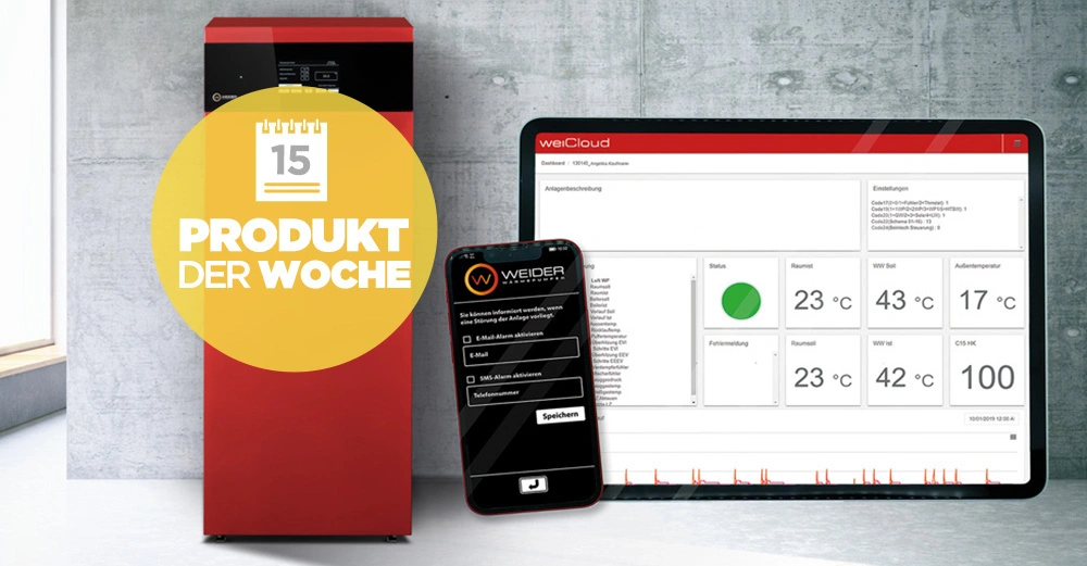 Ein rotes Heizgerät steht links in einem modernen Raum neben einem Smartphone und einem Tablet, die Steuerungsinformationen anzeigen. Text auf Gelbem Kreis: "PRODUKT DER WOCHE".