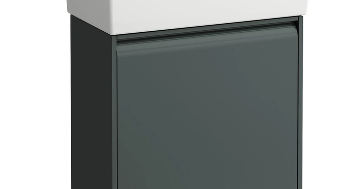 Waschbecken mit rechteckiger weißer Keramikschale und verchromter Armatur sitzend auf einem dunklen grauen Unterschrank freistehend vor einem weißen Hintergrund