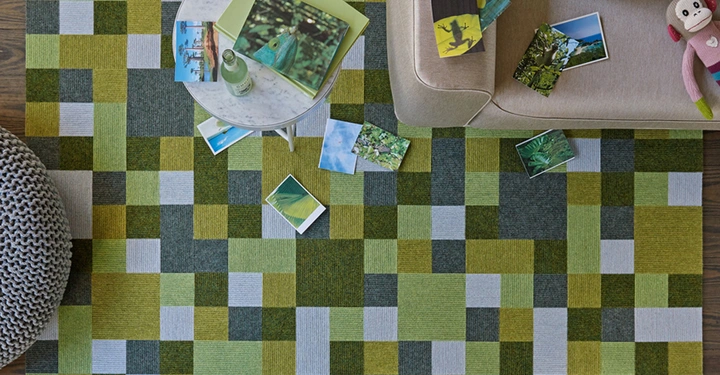 Bunte Fotografien und ein Buch liegen auf einem kleinen Tischchen sowie auf einem Sofa inmitten eines grünen karierten Teppichs. Rechts sitzt ein gestrickter Affe auf dem Sofa.