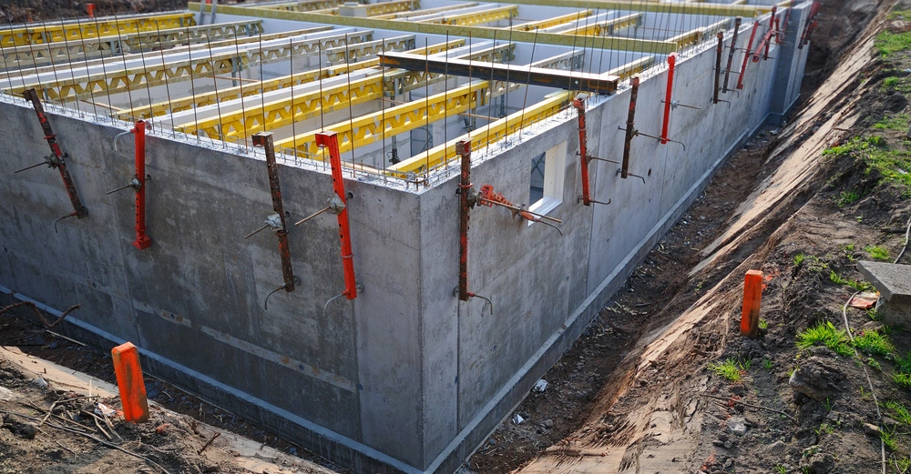 Betonfundament eines Gebäudes wird gebaut; Arbeiter benutzen Schalung und Stützen; Baustelle mit Erdarbeiten im Hintergrund.