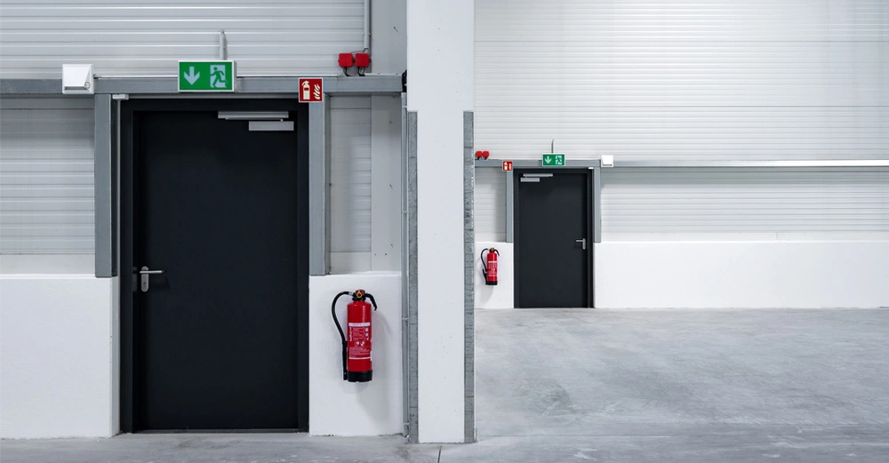 zwei große schwarze Brandschutztüren in einer betonierten Industriehalle, ausgestattet mit Schließbügel oben. Daneben Feuerlöscher sichtbar. Oberhalb der Tür ein Notausgangsschild grün.