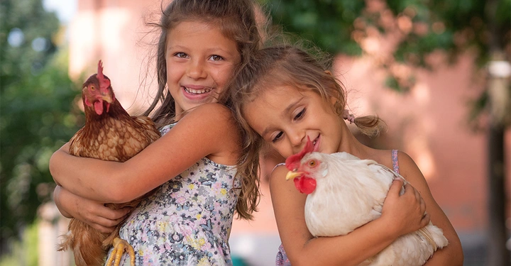 Zwei lächelnde Mädchen halten jeweils ein Huhn fest im Arm in einem sonnigen Garten mit unscharfem Hintergrund aus Bäumen und einem Gebäude.