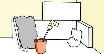 Eimer mit Bohrmaschine rührt graue Substanz in einem Raum, umgeben von Ziegelsteinen und einem zusammengerollten Sack.