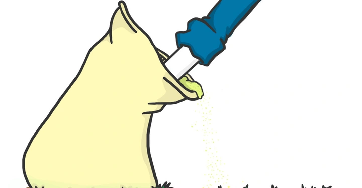 Ein beiger Sack wird von einer blauen Handschaufel in einer grünen, grasbewachsenen Umgebung befüllt. Kleine gelbe Partikel fallen aus der Schaufel auf den Boden.