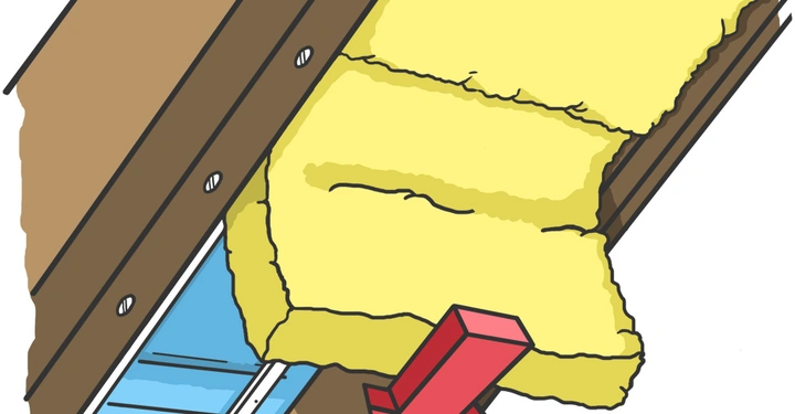 Gelbe Isolierung wird von oben in eine braune Struktur eingebaut, die von Schrauben gehalten wird, während ein roter Pfeil nach unten zeigt und auf einen Teil der Struktur hinweist