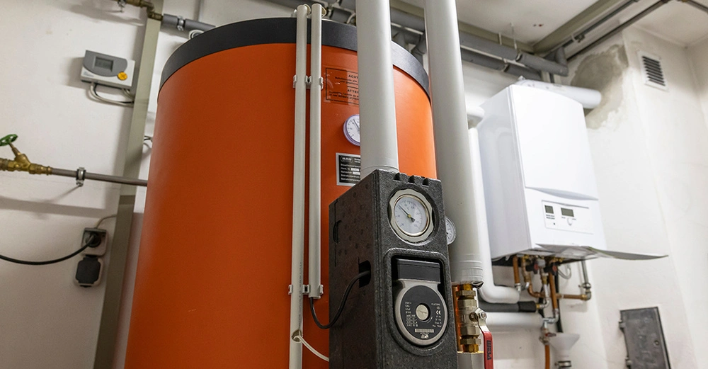 Moderne Heizungsanlage mit Warmwasserspeicher als Beispiel für eine Sanierung einer Heizungsanlage mit staatlicher Förderung zur Steigerung der Energieeffizienz.
