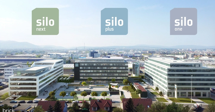 Mehrstöckiges Gebäude mit moderner Architektur steht auf einem großzügigen Areal umgeben von Grünflächen und Parkplätzen. Im Hintergrund erstreckt sich eine städtische Landschaft. Text im Bild silo next silo plus silo one brick