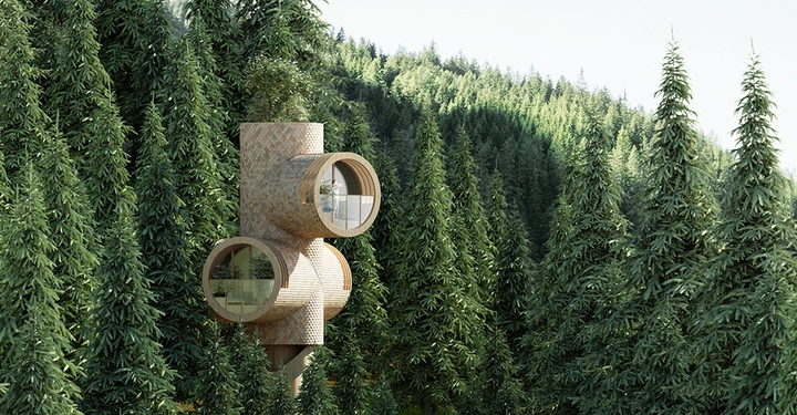 Ein rundes, modernes Baumhaus schwebt über dem Waldboden Es hat große Fenster und Balkone Der dichte Wald aus hohen Nadelbäumen erstreckt sich im Hintergrund
