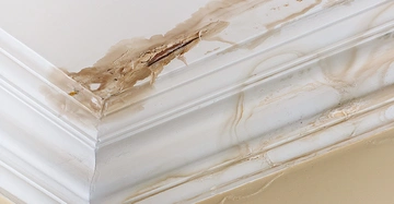 Ecke einer Decke zeigt Wasserschäden Umgebung ist eine weiße Wand mit Deckenleisten die von Wasserflecken und Verfärbungen betroffen sind.