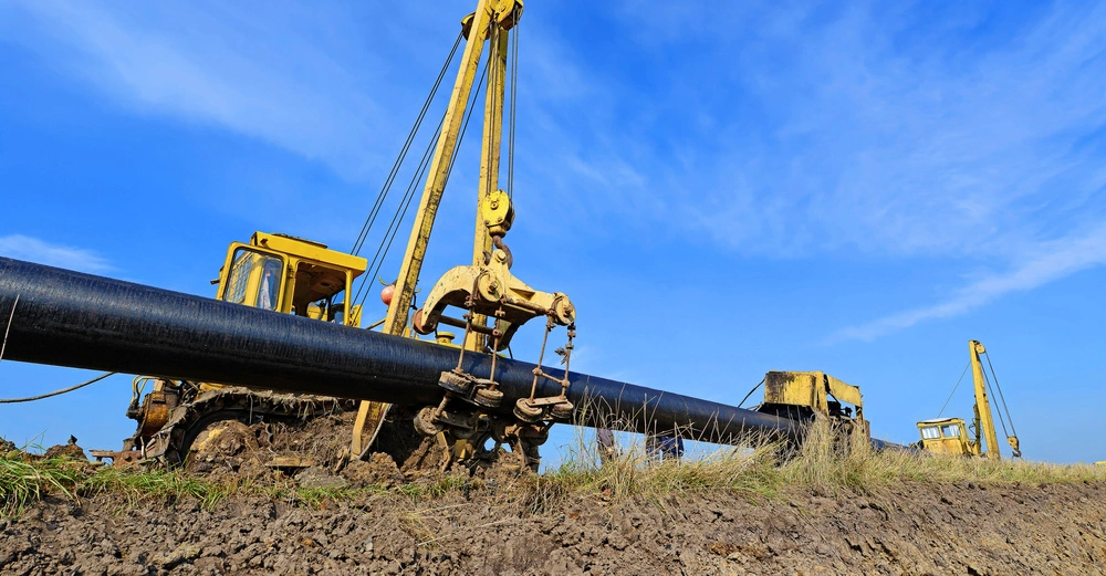 gelber Bagger steht an Baugrubenrand und hebt mit Greifarm schwarzes Abwasserrohr an, Hintergrund tiefblauer Himmel