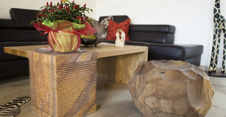 Galerie-Bild 5: Pflanze mit roten Beeren auf einem Holz-Couchtisch stehend in einem Wohnzimmer mit schwarzem Ledersofa schwarzem Vorhang mit geometrischen Mustern bunter Kissen Skulpturen und hölzernem Beistelltisch.