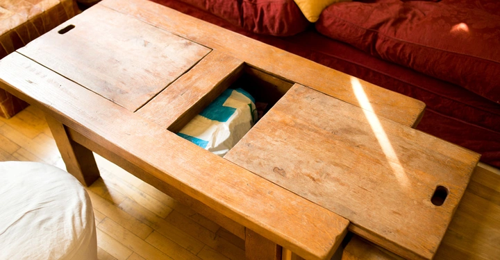 Galerie-Bild 4: Holztisch mit verschiebbaren Platten die eine Aufbewahrung darunter offenbaren im Wohnzimmer mit rotem Sofa und Kissen im Hintergrund. Ein weißer Pouf steht daneben.