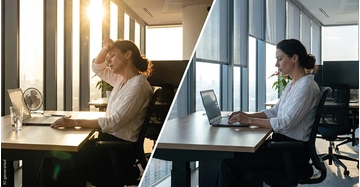 zweigeteiltes Bild mit Frau im Büro, einmal schwitzend weil kein Sonnenschutz, einmal ruhig arbeitend, weil Sonnenschutz