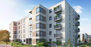 typischer Wohnblock einer Wohnbaugenossenschaft in Wien, fünf Stockwerke, Balkone, viel Grün