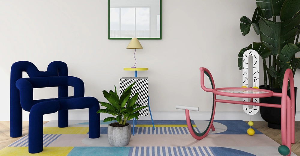 Innenraum-Poster-Mockup an weißer Wand in Memphis-Stil-Wohnzimmer mit bunten Retro-Möbeln. Als 3D-Illustration