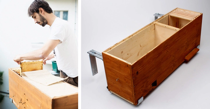 Ein Mann in einem weißen T-Shirt entnimmt einen Holzbienenstockrahmen im Freien Ein leerer Holzbienenstock ist auf einem weißen Hintergrund zu sehen